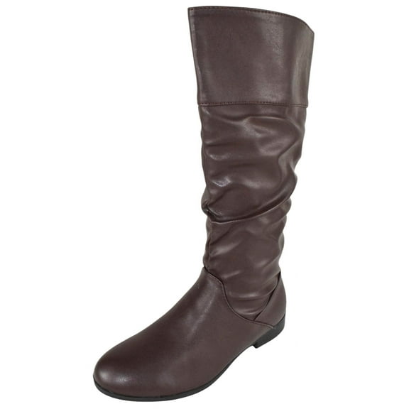 Forever Women Flat Heel Slouchy Mid-Calf Basic Light Weight Boots Side Zipper Hidden Elastic Opening GENTLE-61 Dark Brown PU 6.5