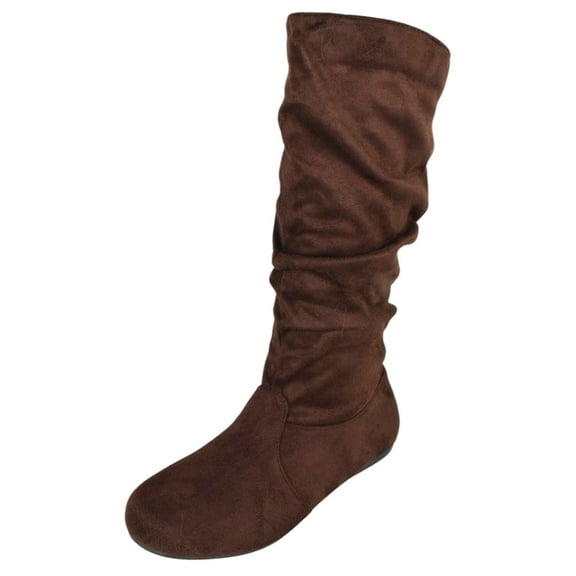 Forever Women Flat Heel Slouchy Mid-Calf Basic Light Weight Boots Side Zipper SELENA-23 Dark Brown Suede 5.5