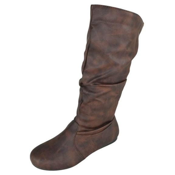 Forever Women Flat Heel Slouchy Mid-Calf Basic Light Weight Boots Side Zipper SELENA-24 Dark Brown PU 8.5