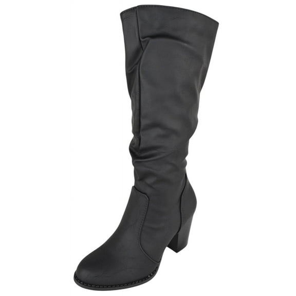 Forever Women High Chunky Block Stacked Heels Slouchy Mid-Calf Boots Side Zipper Almond Toe SAFETY-53 Black PU 8.5