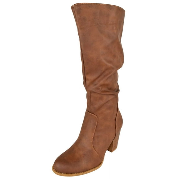 Forever Women High Chunky Block Stacked Heels Slouchy Mid-Calf Boots Side Zipper Almond Toe SAFETY-53 Light Brown Tan PU 8.5