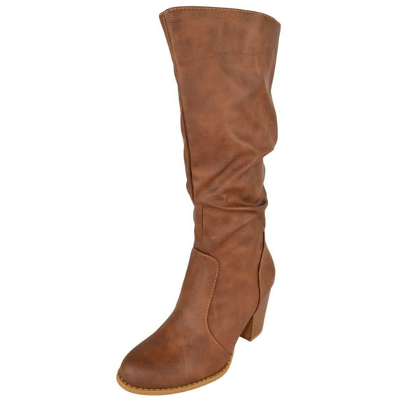 Forever Women High Chunky Block Stacked Heels Slouchy Mid-Calf Boots Side Zipper Almond Toe SAFETY-53 Light Brown Tan PU 8