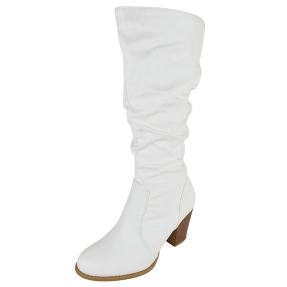 Forever Women High Chunky Block Stacked Heels Slouchy Mid-Calf Boots Side Zipper Almond Toe SAFETY-53 White PU 7.5