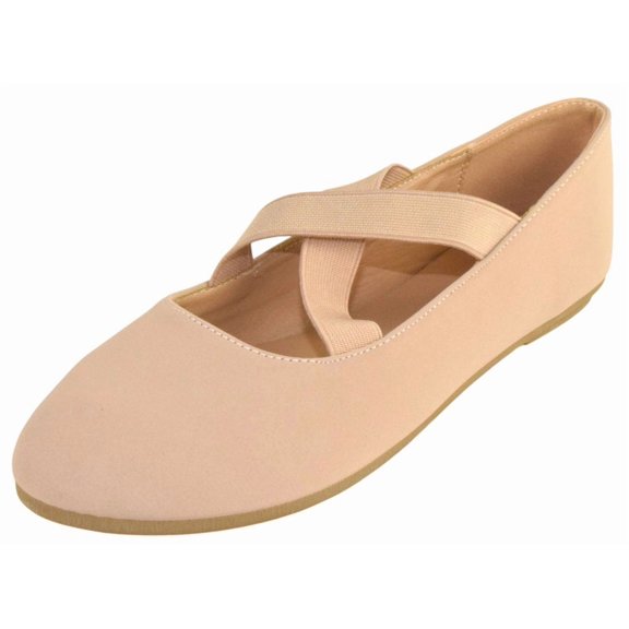 Forever Women Mary Jane Flats Elastic Cross Strap Round Toe Comfort Dress Ballet Shoes CLARE-33 Nude Beige Taupe Nubuck Suede 6.5