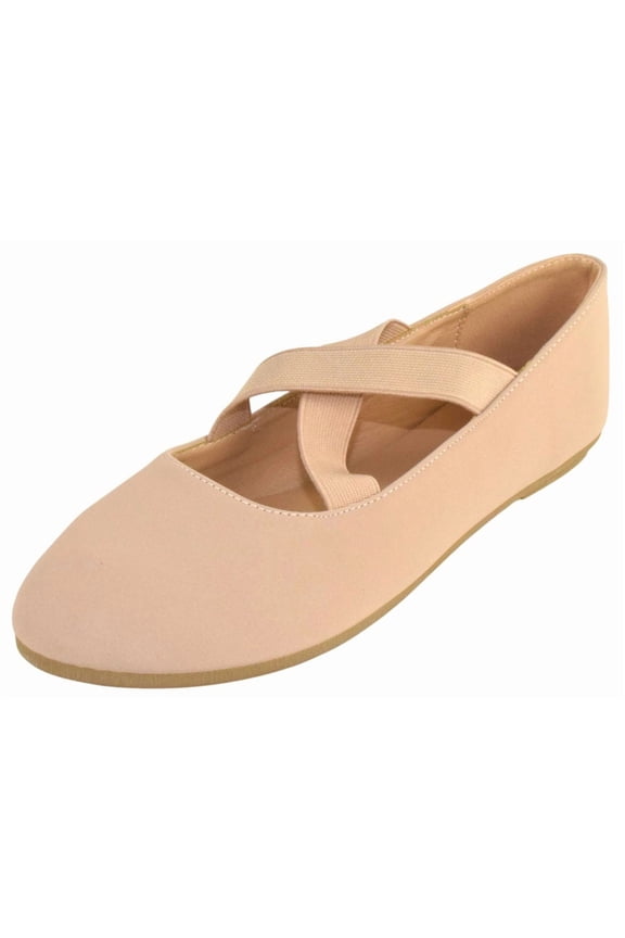 Women Mary Jane Flats Elastic Cross Strap Round Toe Comfort Dress Ballet Shoes CLARE-33 Nude Beige Taupe Nubuck Suede 8.5