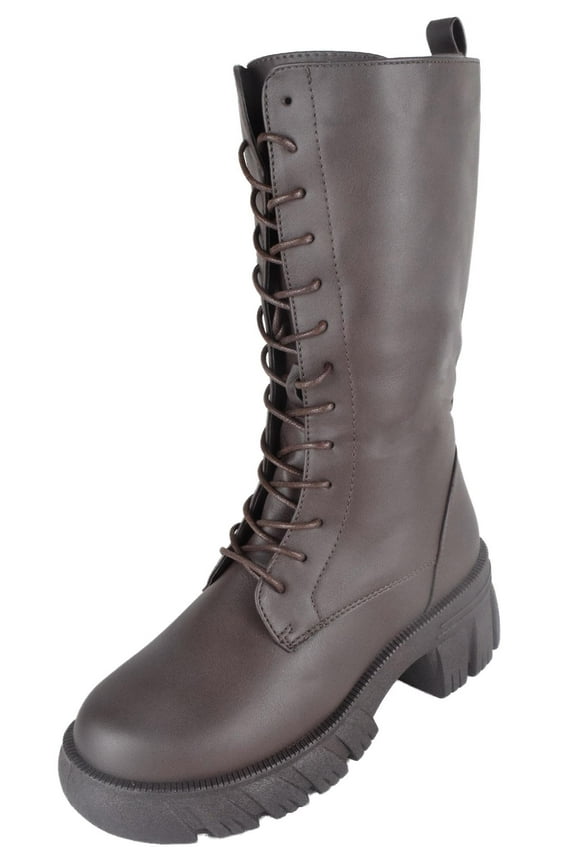 Women Mid-Calf Combat Army Style Boots Lace Up Side Zipper Lug Sole Dark Brown 7.5