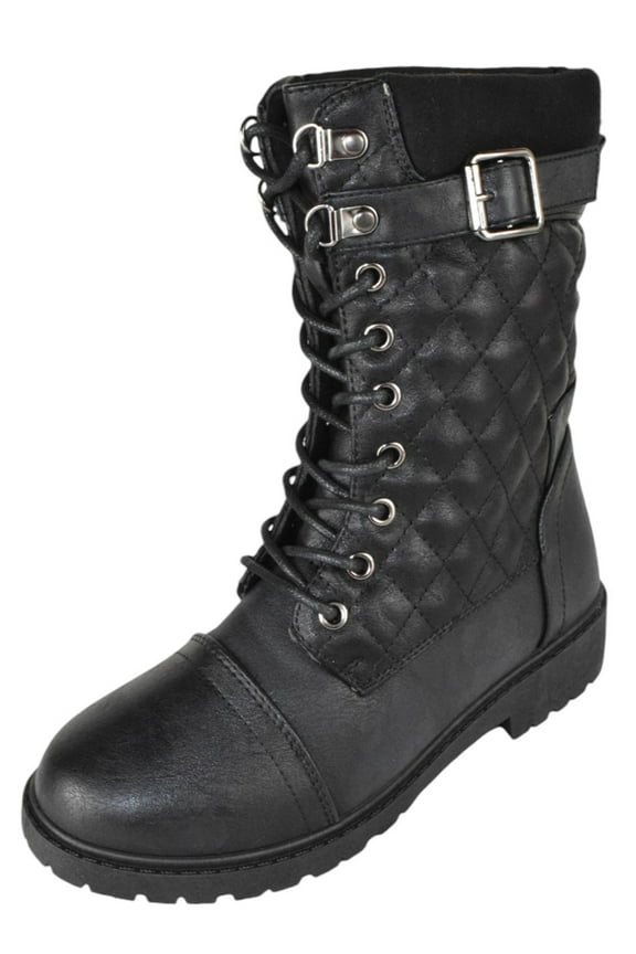 Women Mid-Calf Combat Army Style Quilted Boots Knitted Stitching Lace Up Lug Sole RAMONA-08 Black 9