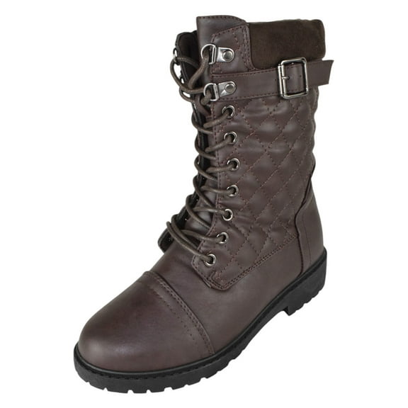Forever Women Mid-Calf Combat Army Style Quilted Boots Knitted Stitching Lace Up Lug Sole RAMONA-08 Dark Brown 8