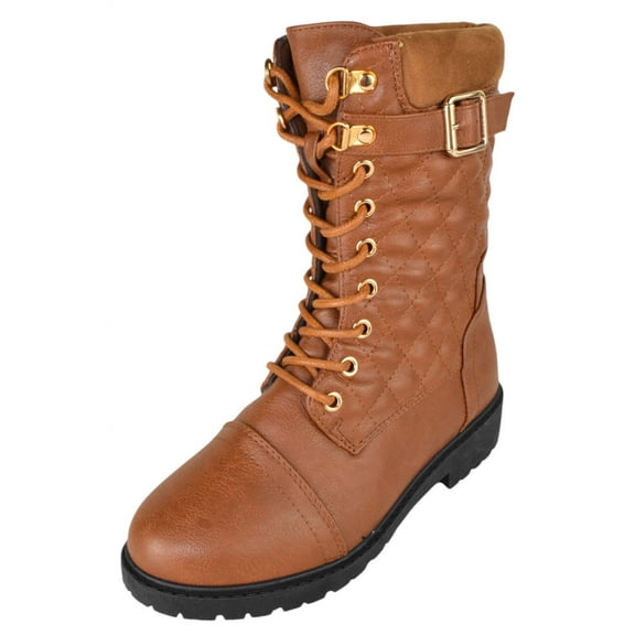 Forever Women Mid-Calf Combat Army Style Quilted Boots Knitted Stitching Lace Up Lug Sole RAMONA-08 Light Brown Tan 6