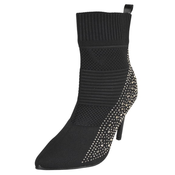 Forever Women Rhinestone Sock Booties Pointed Toe High Heel Ankle Boots Stretch Knit Stiletto Dress Shoes Sparkly Fashion Party Boots Event-75 Black 9
