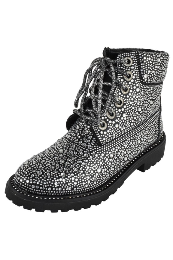 Women Rhinestone Studded Bling Ankle Combat Boots Round Toe Sparkly Fashion Party Booties Lace Up WONDERFUL-8 Black 5.5