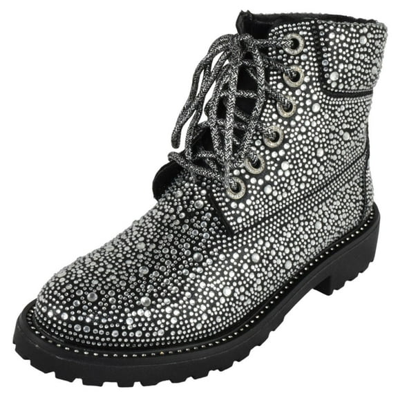 Forever Women Rhinestone Studded Bling Ankle Combat Boots Round Toe Sparkly Fashion Party Booties Lace Up WONDERFUL-8 Black 5