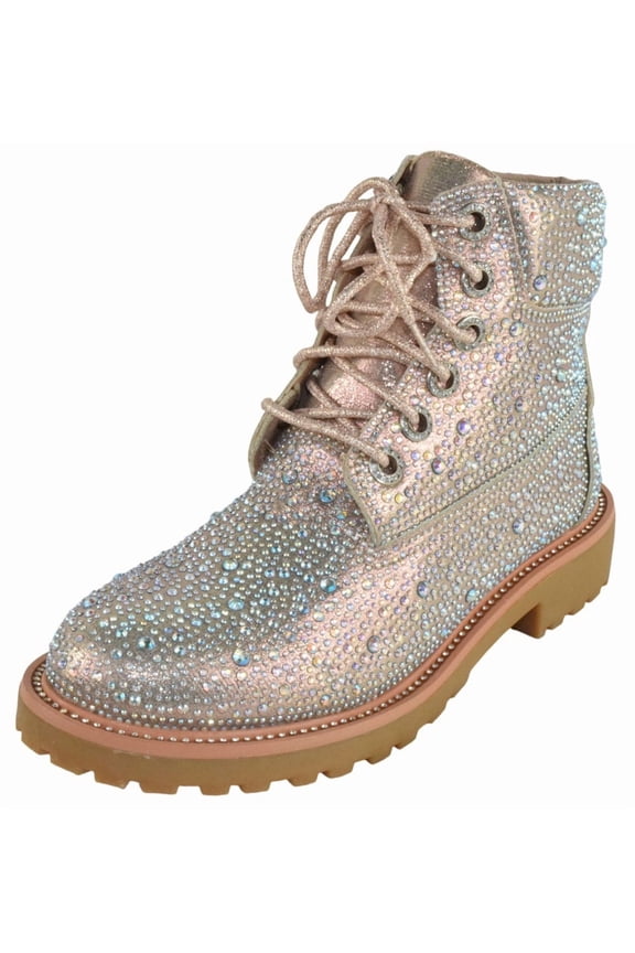 Women Rhinestone Studded Bling Ankle Combat Boots Round Toe Sparkly Fashion Party Booties Lace Up WONDERFUL-8 Champagne Gold 8