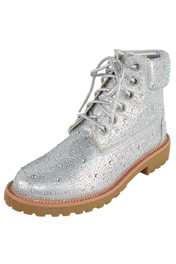 Women Rhinestone Studded Bling Ankle Combat Boots Round Toe Sparkly Fashion Party Booties Lace Up WONDERFUL-8 Silver 10