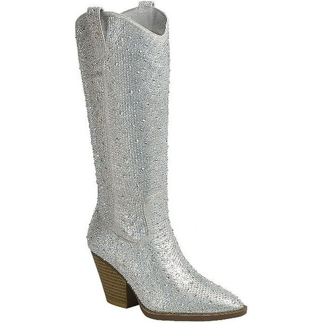 Forever Women Rhinestone Western Cowboy Pointed Toe Knee High Pullon