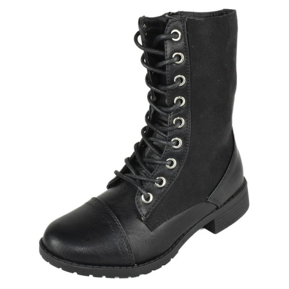 Forever Women Shoes Combat Army Style Boots Lace Up Side Zipper Booties Black Leather / Suede 6.5