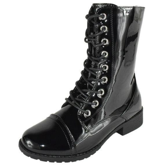 Forever Women Shoes Combat Army Style Boots Lace Up Side Zipper Booties Black Patent 7
