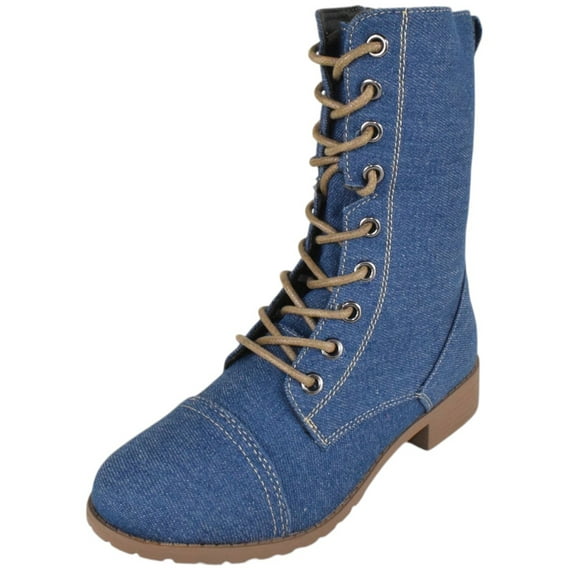 Forever Women Shoes Combat Army Style Boots Lace Up Side Zipper Booties Blue Denim 8
