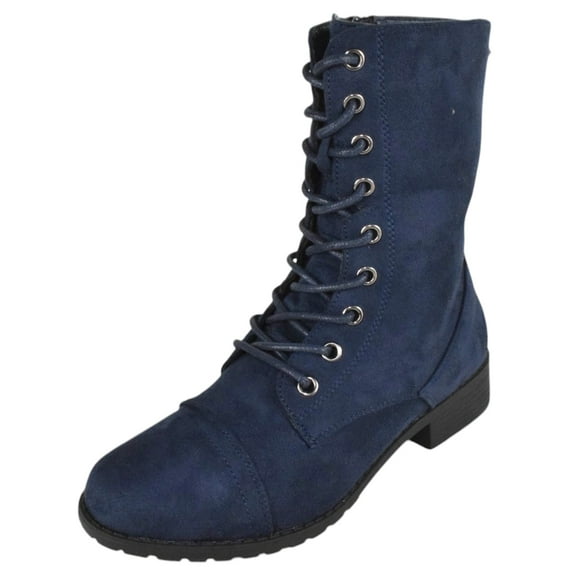 Forever Women Shoes Combat Army Style Boots Lace Up Side Zipper Booties Dark Blue Navy 8