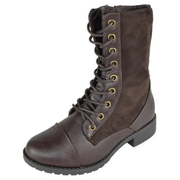 Forever Women Shoes Combat Army Style Boots Lace Up Side Zipper Booties Dark Brown Leather / Suede 5