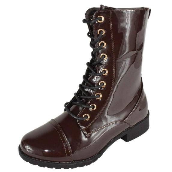 Forever Women Shoes Combat Army Style Boots Lace Up Side Zipper Booties Dark Brown Patent 6