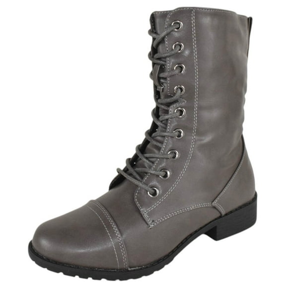 Forever Women Shoes Combat Army Style Boots Lace Up Side Zipper Booties Gray 7