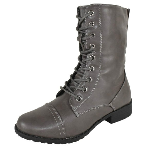 Forever Women Shoes Combat Army Style Boots Lace Up Side Zipper Booties Gray 8.5
