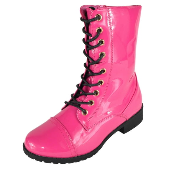 Forever Women Shoes Combat Army Style Boots Lace Up Side Zipper Booties Hot Pink Fuchsia Patent 6