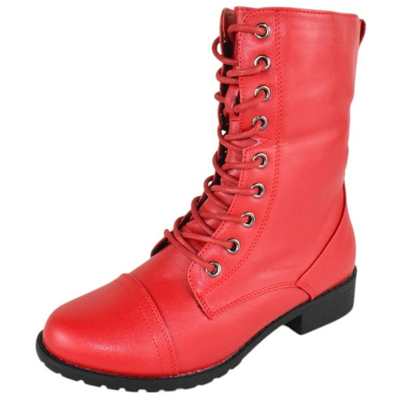 Forever Women Shoes Combat Army Style Boots Lace Up Side Zipper Booties Hot Red 7.5