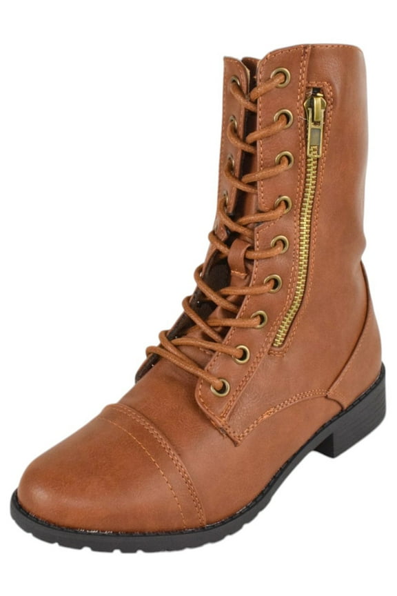 Women Shoes Combat Army Style Boots Lace Up Side Zipper Booties Light Brown Tan 7