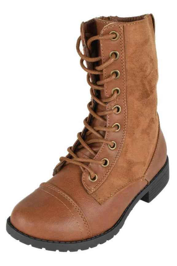 Women Shoes Combat Army Style Boots Lace Up Side Zipper Booties Light Brown Tan Leather / Suede 5.5