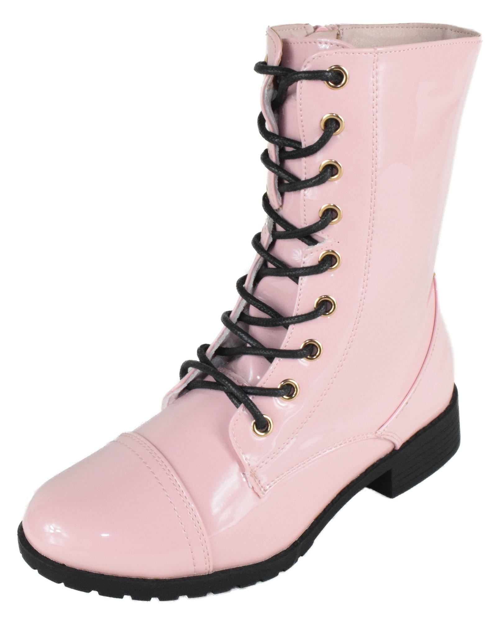 Forever Women Shoes Combat Army Style Boots Lace Up Side Zipper Booties Light Pink Patent 10 Walmart