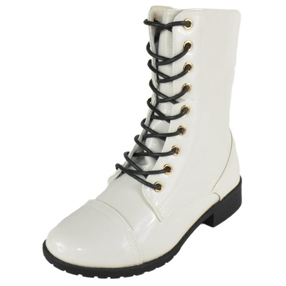 Forever Women Shoes Combat Army Style Boots Lace Up Side Zipper Booties Off-White Bone Beige Patent 7