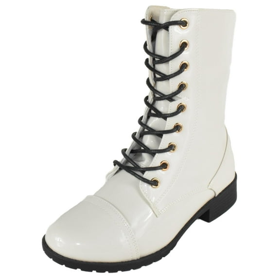Forever Women Shoes Combat Army Style Boots Lace Up Side Zipper Booties Off-White Bone Beige Patent 8