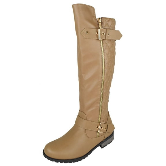 Forever Women Small Block Heel Knee High Boots Side Zipper Buckled Quilted Knitted Stitching MANGO-21 Beige Taupe 10