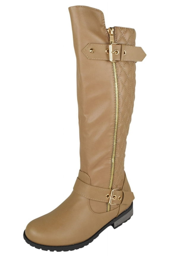 Women Small Block Heel Knee High Boots Side Zipper Buckled Quilted Knitted Stitching MANGO-21 Beige Taupe 8.5