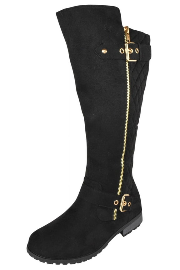 Women Small Block Heel Knee High Boots Side Zipper Buckled Quilted Knitted Stitching MANGO-23 Black Suede 8