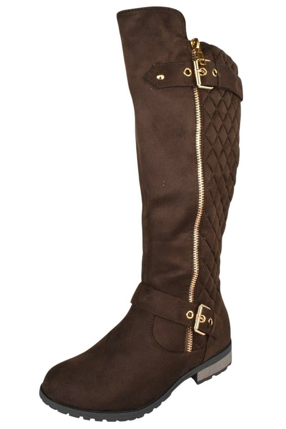 Women Small Block Heel Knee High Boots Side Zipper Buckled Quilted Knitted Stitching MANGO-23 Dark Brown Suede 8