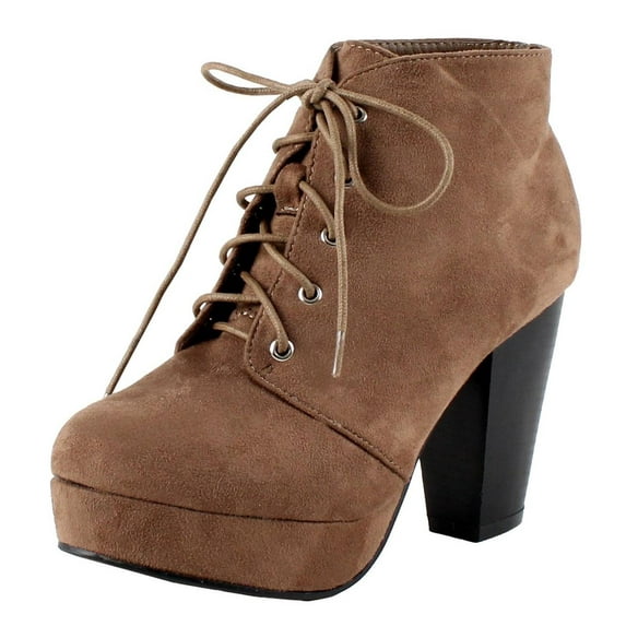 Forever Women Stacked Chunky Thick High Heels Ankle Boots Hidden Platform Lace Up Booties Camille-86 Suede Beige Taupe 8.5