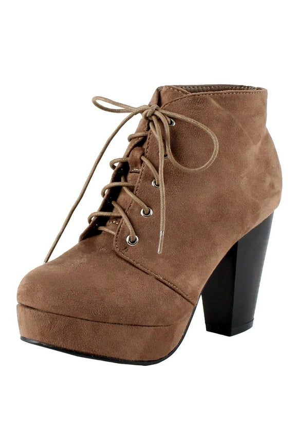 Women Stacked Chunky Thick High Heels Ankle Boots Hidden Platform Lace Up Booties Camille-86 Suede Beige Taupe 8.5