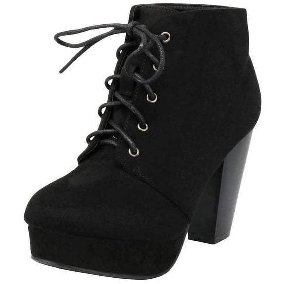 Forever Women Stacked Chunky Thick High Heels Ankle Boots Hidden Platform Lace Up Booties Camille-86 Suede Black 8