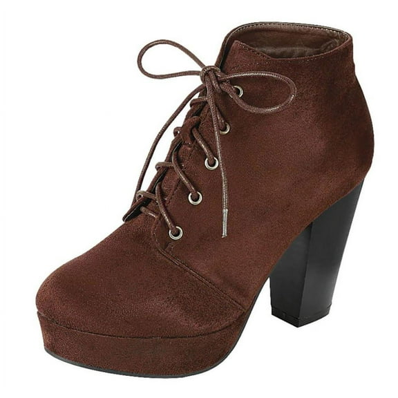 Forever Women Stacked Chunky Thick High Heels Ankle Boots Hidden Platform Lace Up Booties Camille-86 Suede Dark Brown 9