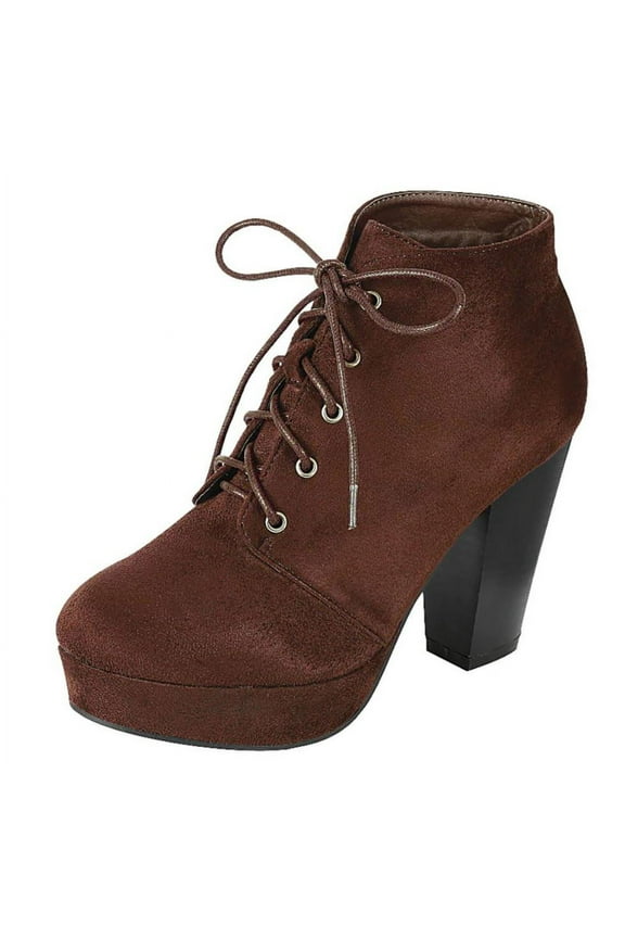 Women Stacked Chunky Thick High Heels Ankle Boots Hidden Platform Lace Up Booties Camille-86 Suede Dark Brown 9