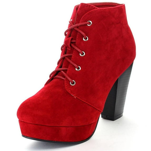 Forever Women Stacked Chunky Thick High Heels Ankle Boots Hidden Platform Lace Up Booties Camille-86 Suede Hot Red 6.5