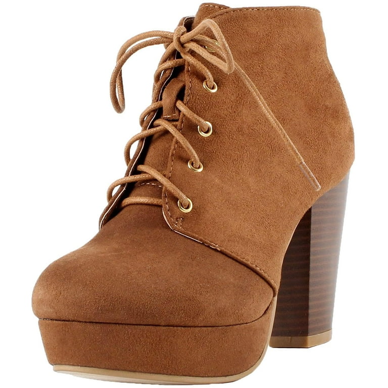 Forever Women Stacked Chunky Thick High Heels Ankle Boots Hidden Platform Lace Up Booties Camille 86 Suede Light Brown Tan 10