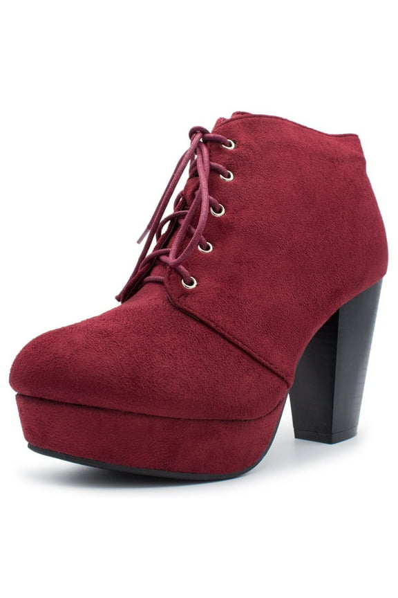 Women Stacked Chunky Thick High Heels Ankle Boots Hidden Platform Lace Up Booties Camille-86 Suede Red Burgundy 7