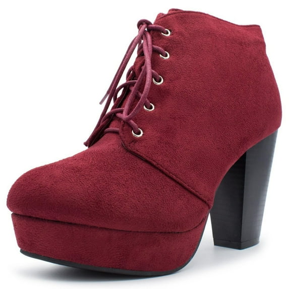 Forever Women Stacked Chunky Thick High Heels Ankle Boots Hidden Platform Lace Up Booties Camille-86 Suede Red Burgundy 8