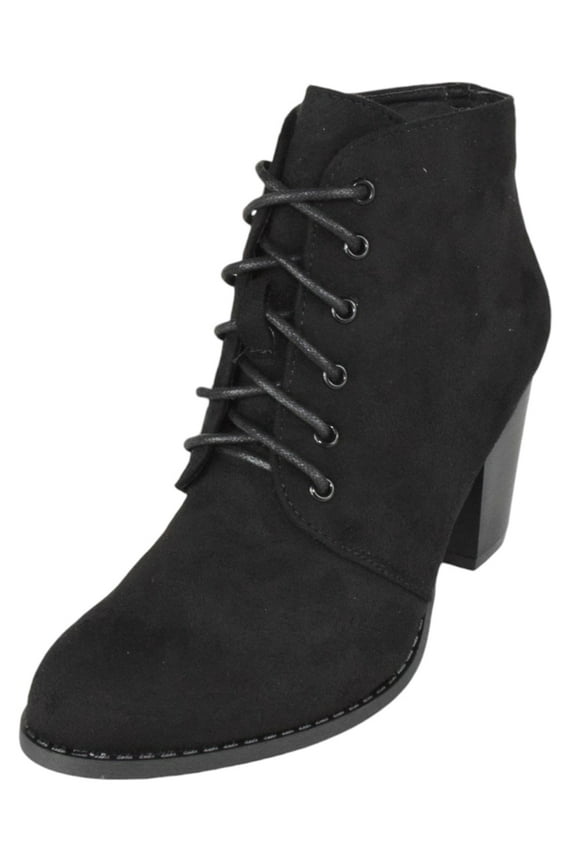 Women Stacked Chunky Thick High Heels Ankle Boots Lace Up Booties JILLY-3 Suede Black 9