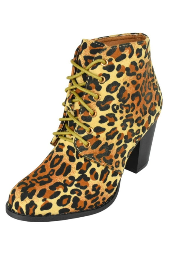 Women Stacked Chunky Thick High Heels Ankle Boots Lace Up Booties JILLY-3 Suede Camel Leopard Cheetah Print 8