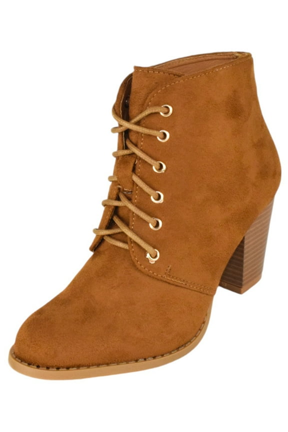 Women Stacked Chunky Thick High Heels Ankle Boots Lace Up Booties JILLY-3 Suede Light Brown Tan 10